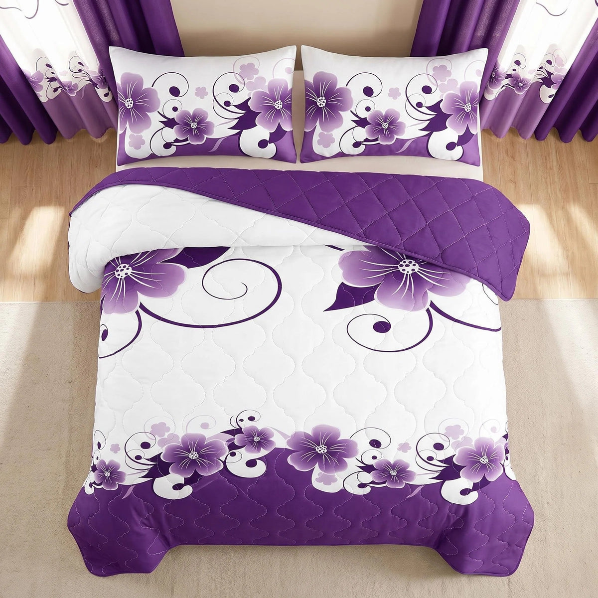 Purple Gardenia Bedspread & Curtain Set – 9 Pieces