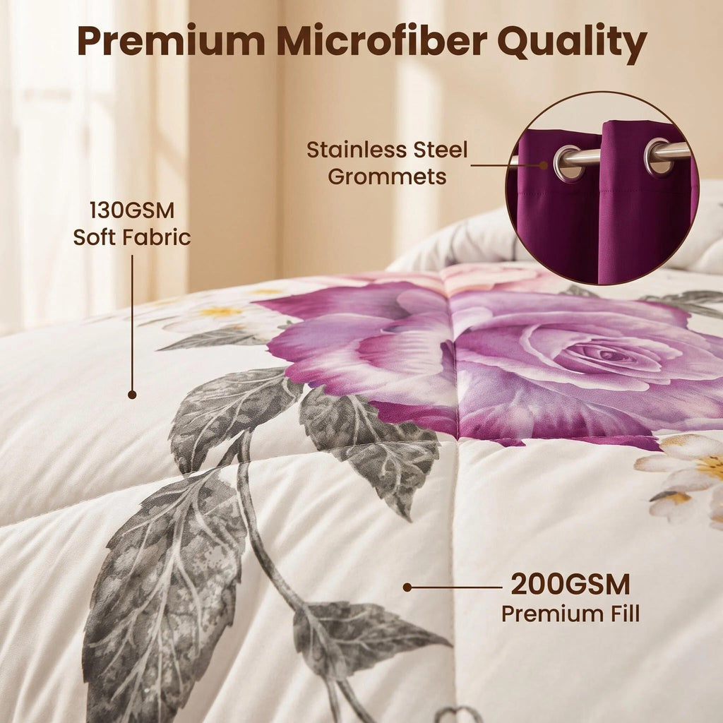 Purple Rose Floral Bedspread & Curtain Set – 9 Pieces