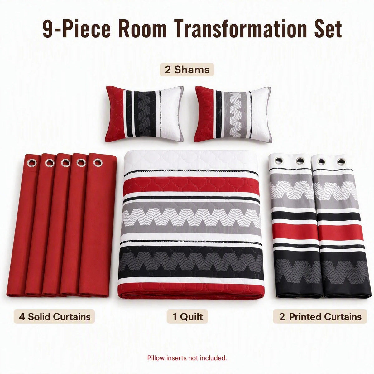 Red & Black Geometric Chevron bedspread and curtain set - nine-piece set contents