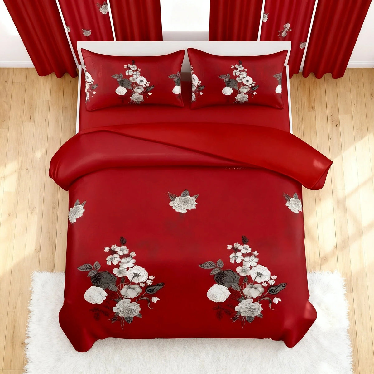 Red & White Floral Bedspread & Curtain Set – 9 Pieces
