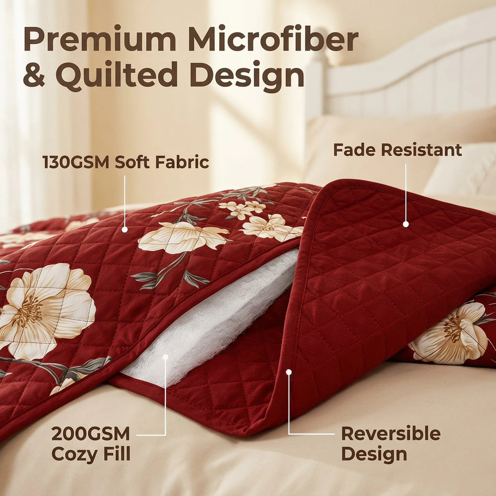 Bedspread close-up showing 130 GSM microfiber fabric, 200 GSM filling and quilted stitching