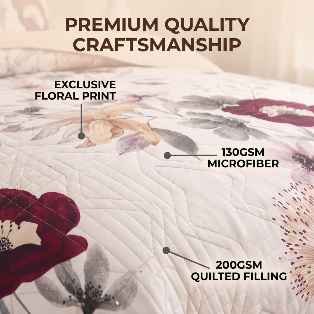 Bedspread close-up showing 130 GSM microfiber fabric, 200 GSM filling and quilted stitching