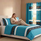 Teal & Black Swirl Bedspread & Curtain Set – 9 Pieces