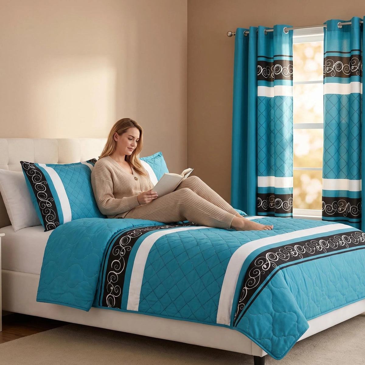 Teal & Black Swirl Bedspread & Curtain Set – 9 Pieces