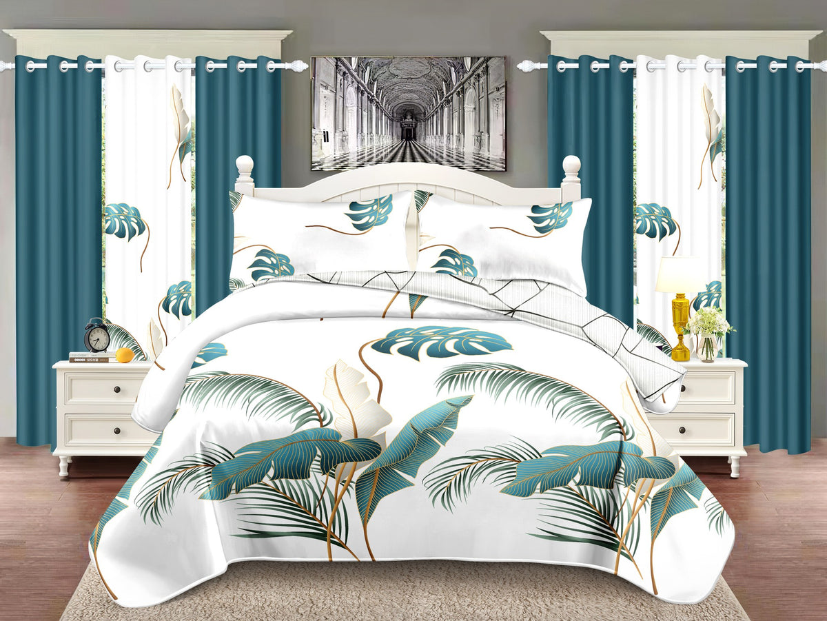 Teal Botanical bedspread and curtain set - coordinated bedroom