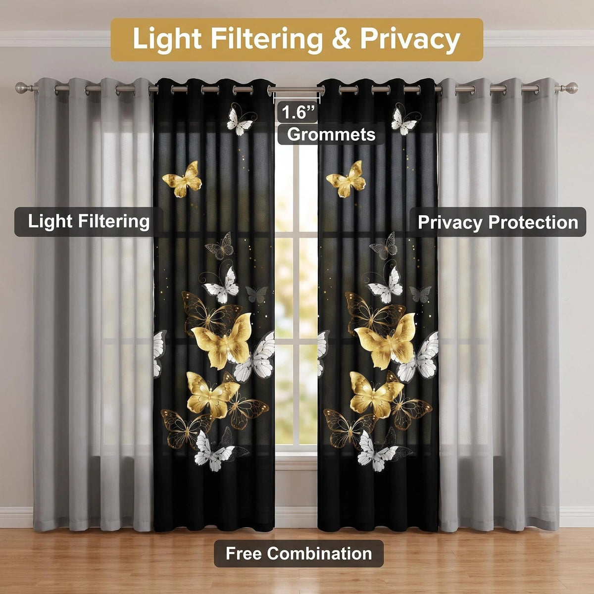 Black & Gold Butterfly Bedspread & Curtain Set – 9 Pieces