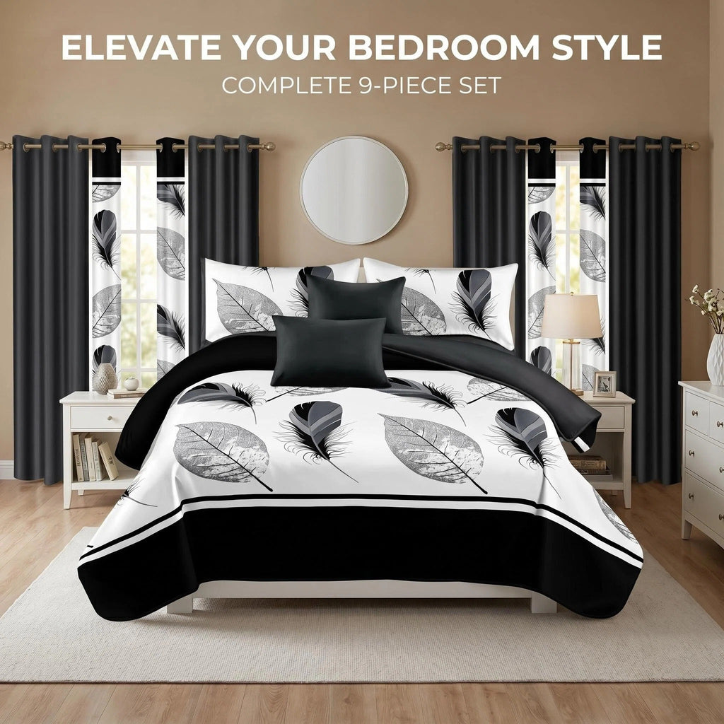 Black & White Feather bedspread and curtain set - coordinated bedroom