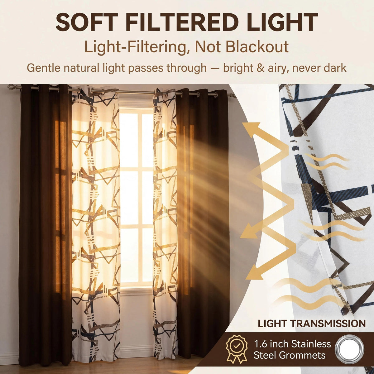 Brown Geometric bedspread and curtain set - coordinated bedroom