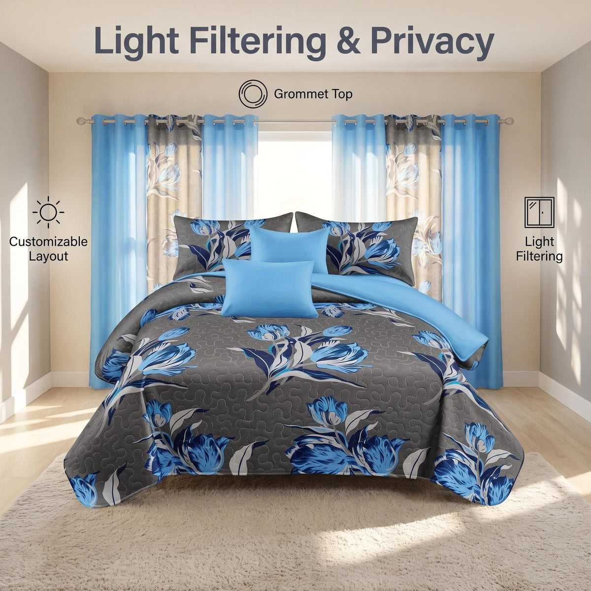 Charcoal & Blue Floral Bedspread & Curtain Set – 9 Pieces
