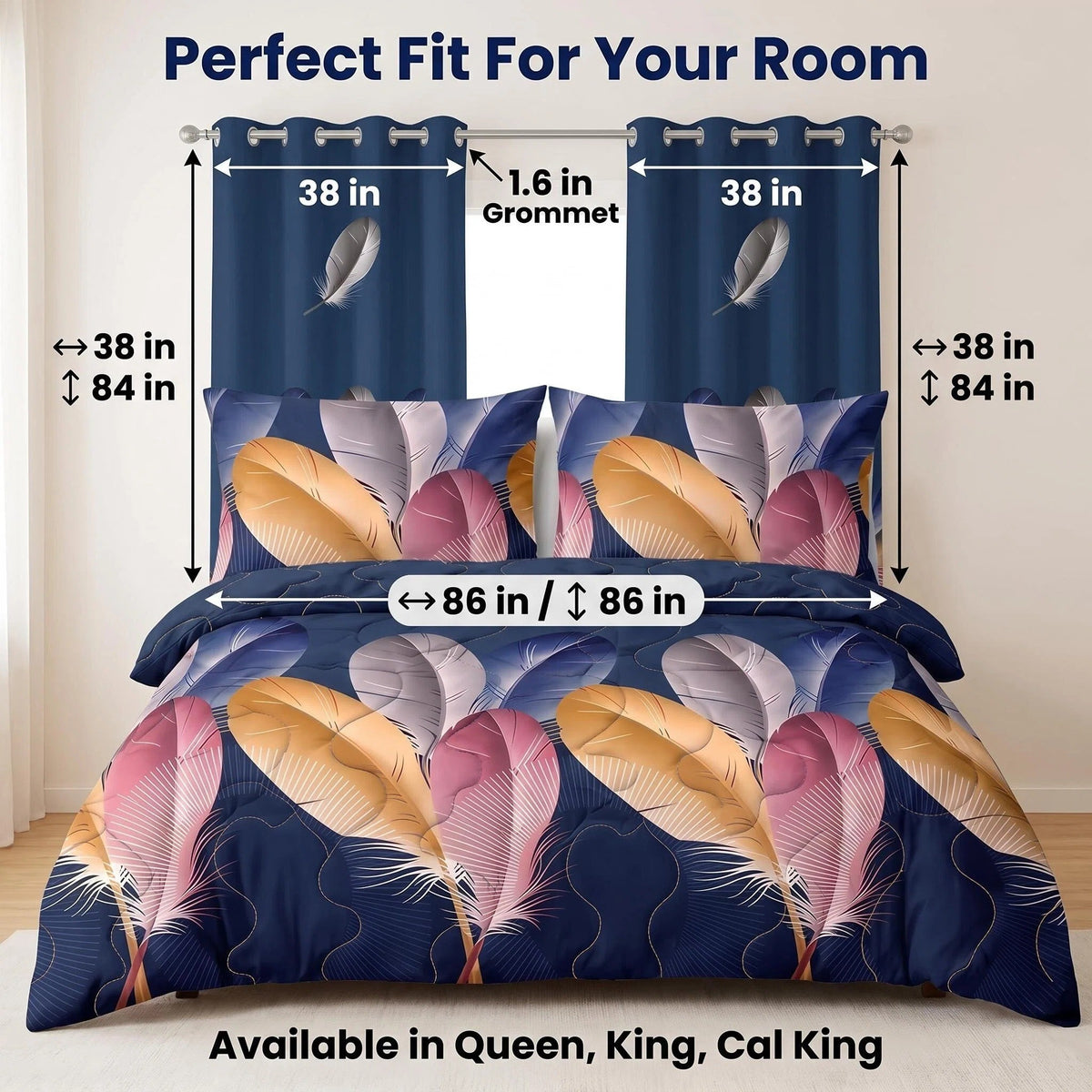 Navy Feather bedspread and curtain set - coordinated bedroom