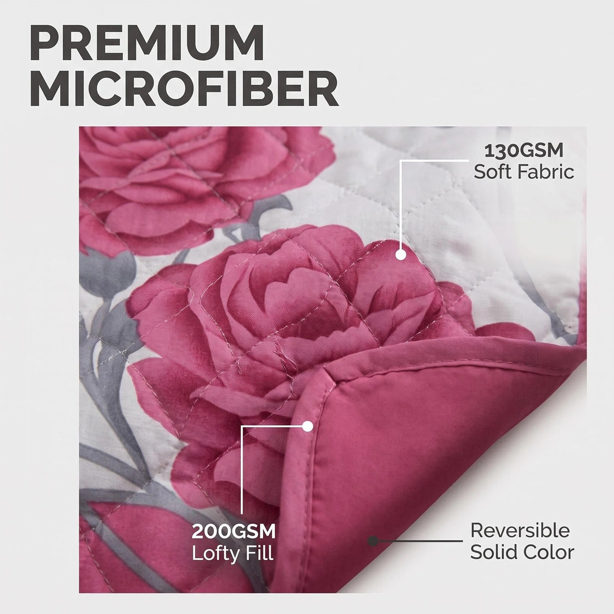 Bedspread close-up showing 130 GSM microfiber fabric, 200 GSM filling and quilted stitching