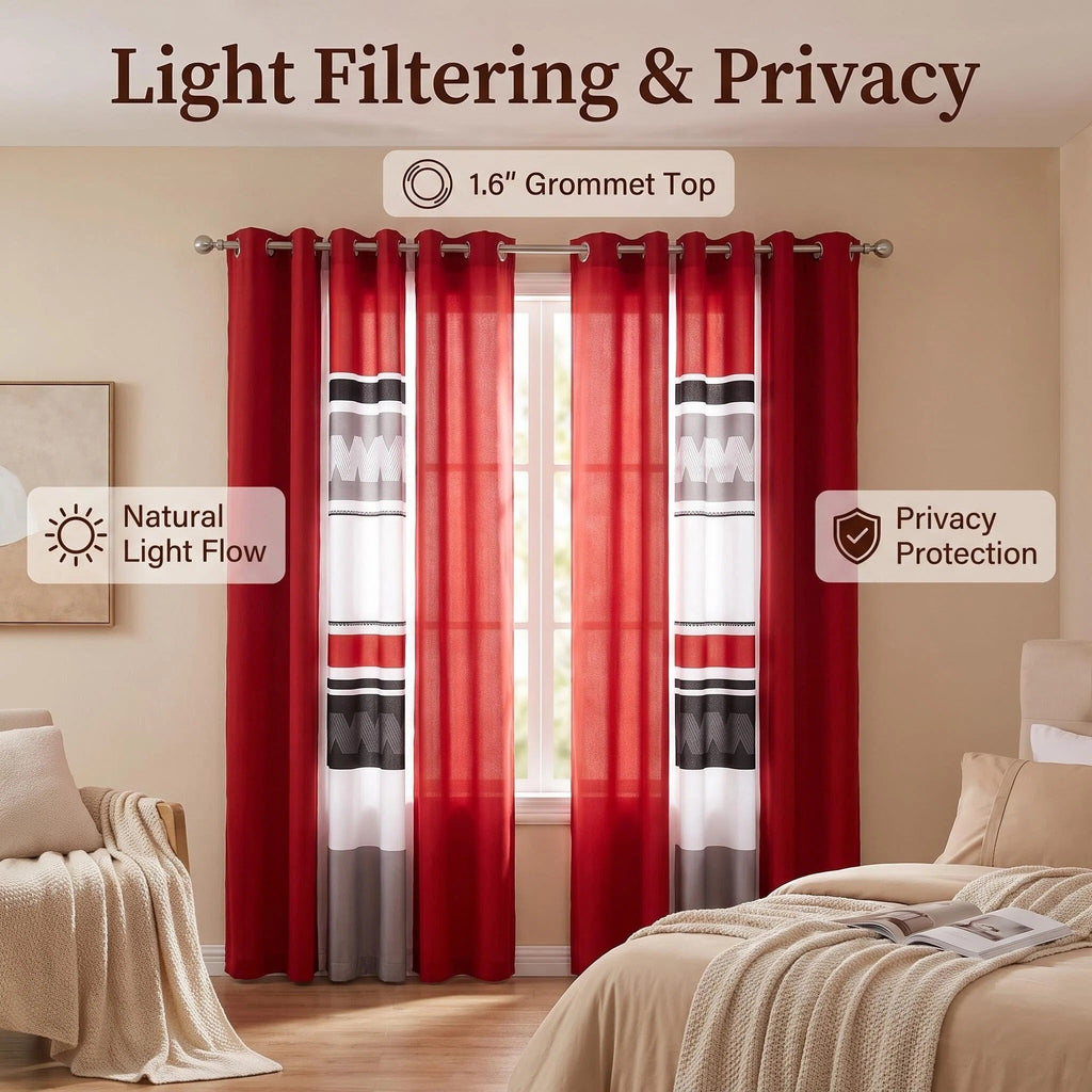 Red & Black Geometric Chevron bedspread and curtain set - matching curtain panels