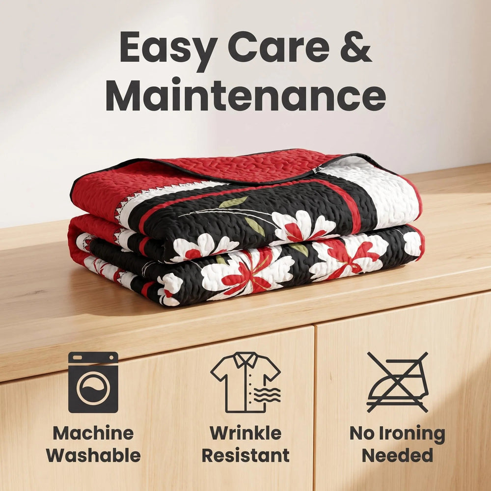 Folded bedspread showing its printed front and solid reverse, with machine-washable, wrinkle-resistant and quick-drying care features