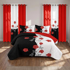 Red Rose Two-Tone Bedspread & Curtain Set – 9 Pieces