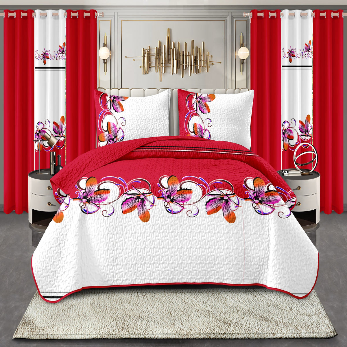 Red & White Butterfly bedspread and curtain set - coordinated bedroom