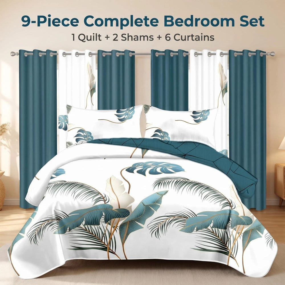 Nine included pieces: one bedspread, two pillow shams and six curtain panels