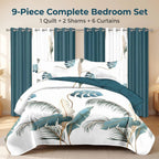 Teal Botanical bedspread and curtain set - nine-piece set contents