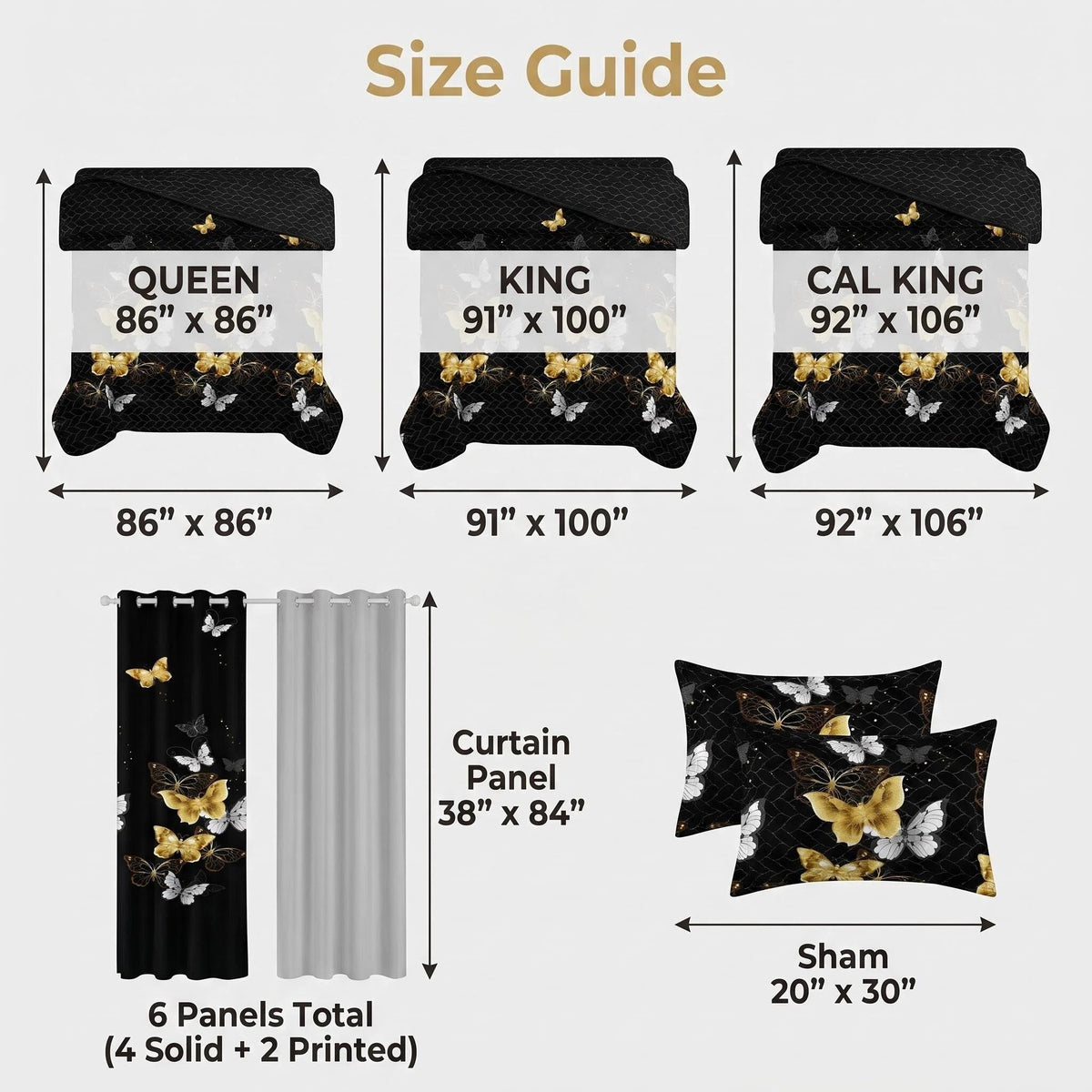 Black & Gold Butterfly Bedspread & Curtain Set – 9 Pieces