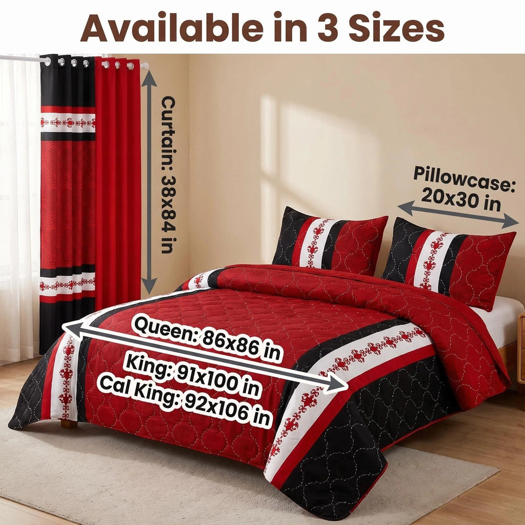 Black & Red Bohemian bedspread and curtain set - coordinated bedroom
