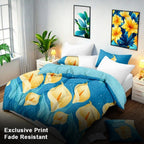 Blue & Yellow Floral bedspread and curtain set - coordinated bedroom