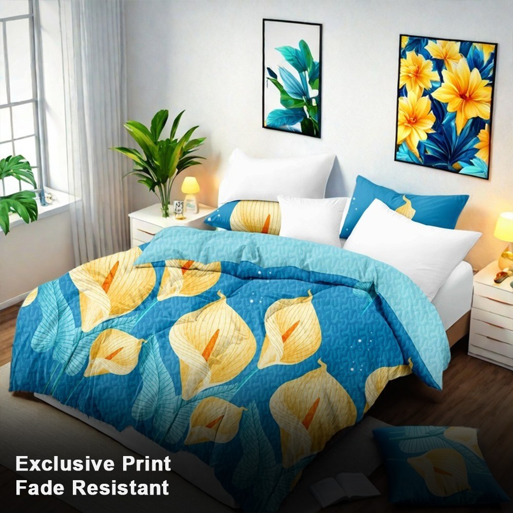 Blue & Yellow Floral bedspread and curtain set - coordinated bedroom
