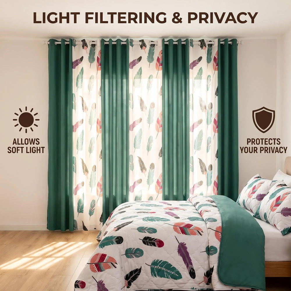 Four solid and two printed light-filtering curtain panels hung together on a rod