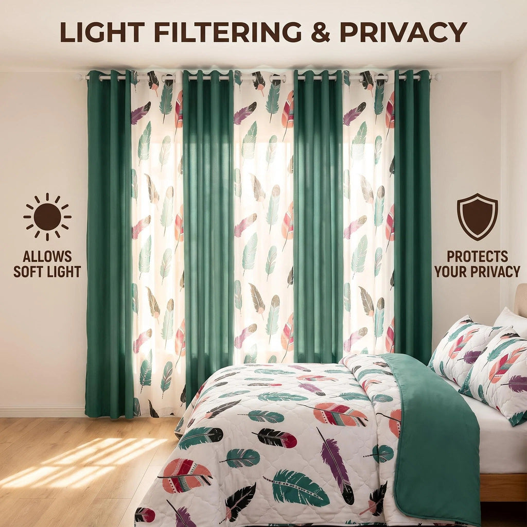 Boho Feather Bedspread & Curtain Set – 9 Pieces