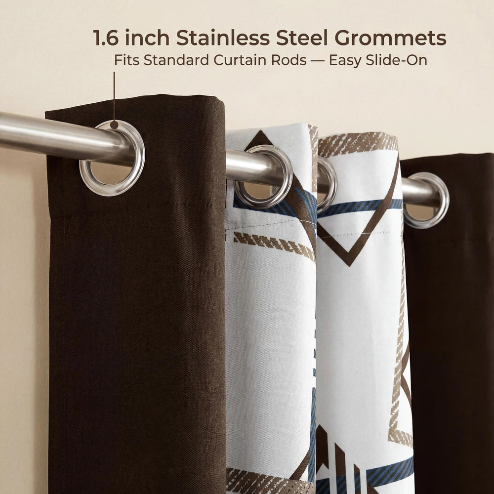 Four solid and two printed light-filtering curtain panels hung together on a rod