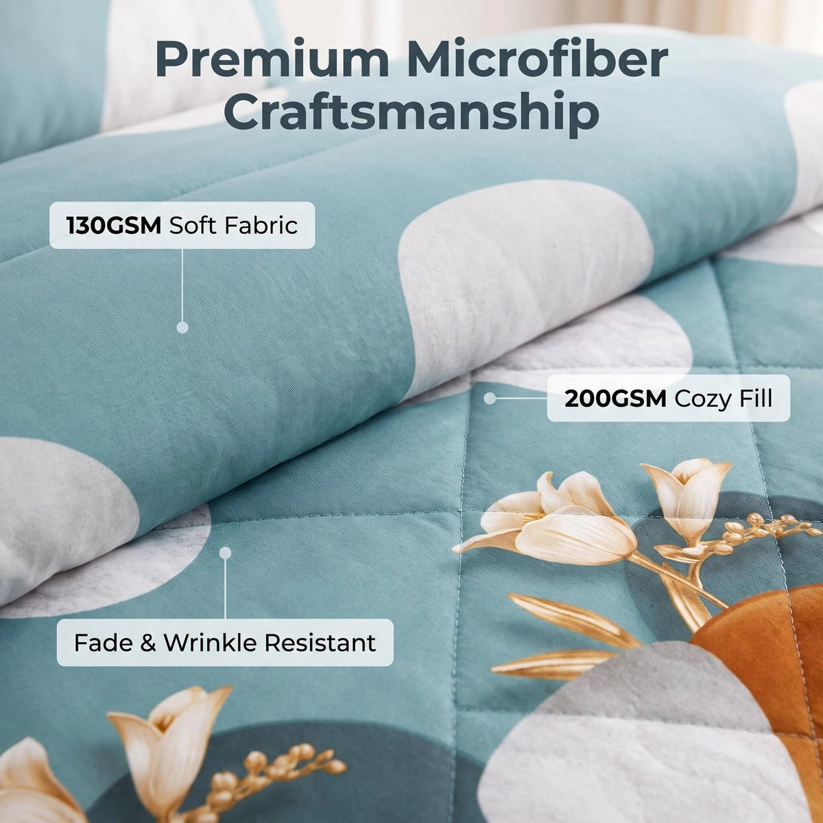 Green Geometric Circle bedspread and curtain set - bedspread fabric and quilting detail