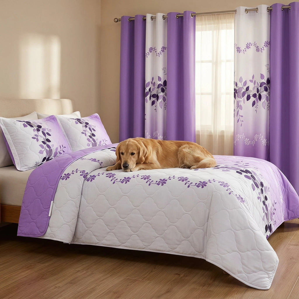 Lavender Leaf Bedspread & Curtain Set – 9 Pieces