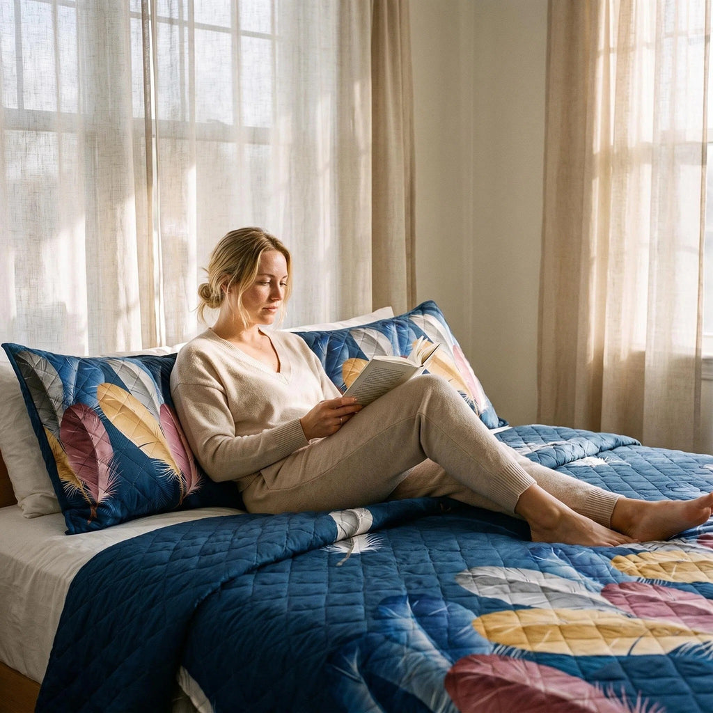 Navy Feather bedspread and curtain set - coordinated bedroom