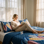 Navy Feather bedspread and curtain set - coordinated bedroom