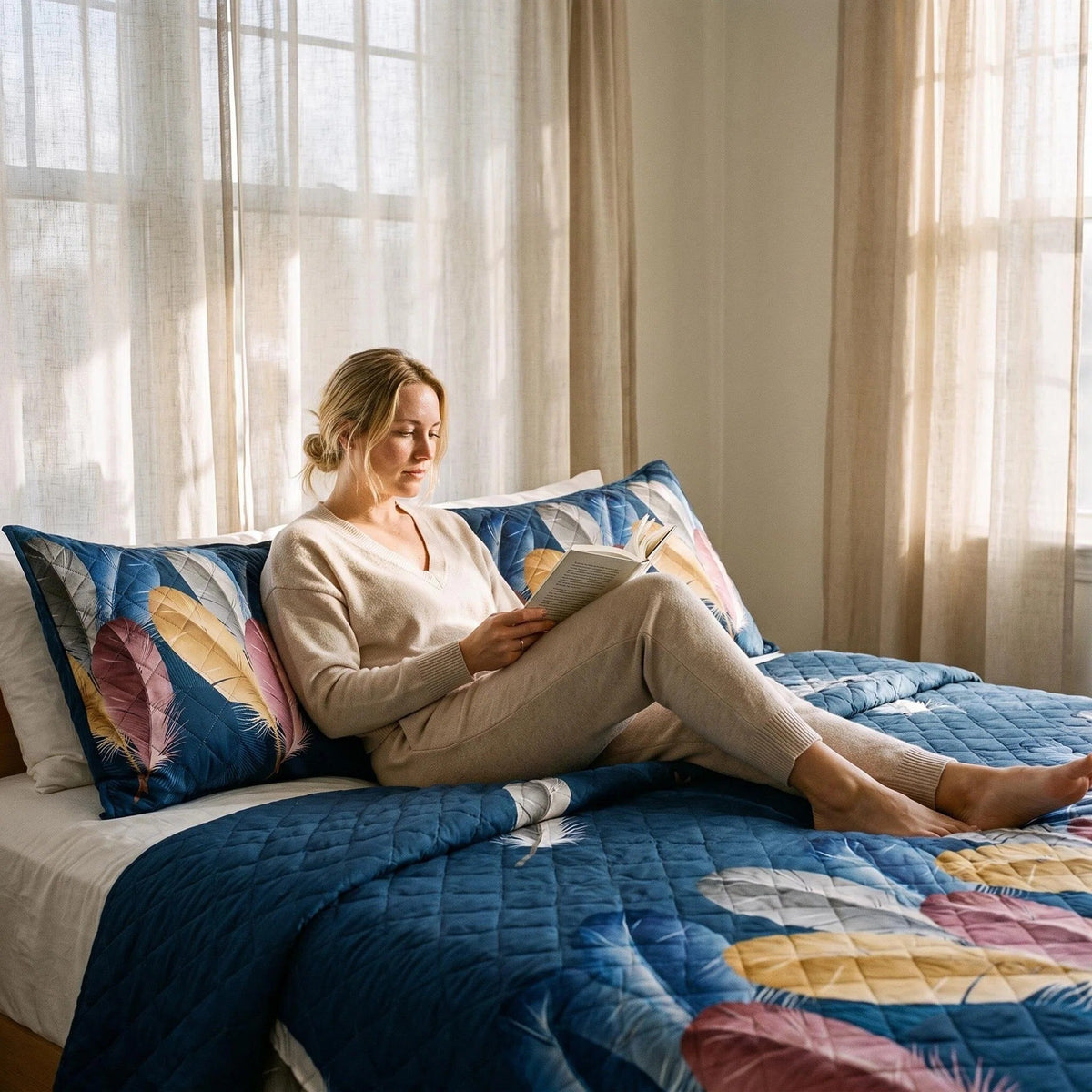 Navy Feather bedspread and curtain set - coordinated bedroom