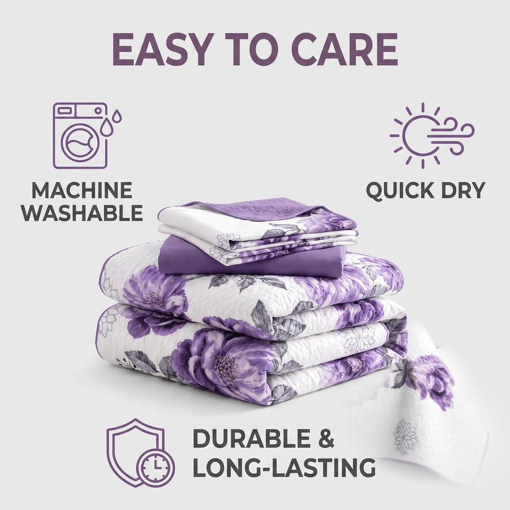 Folded bedspread showing its printed front and solid reverse, with machine-washable, wrinkle-resistant and quick-drying care features