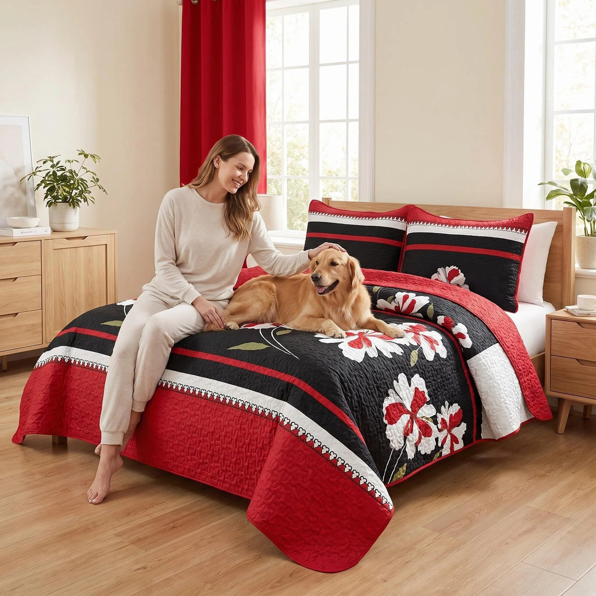 Red & Black Floral bedspread and curtain set - pet-friendly easy-care detail