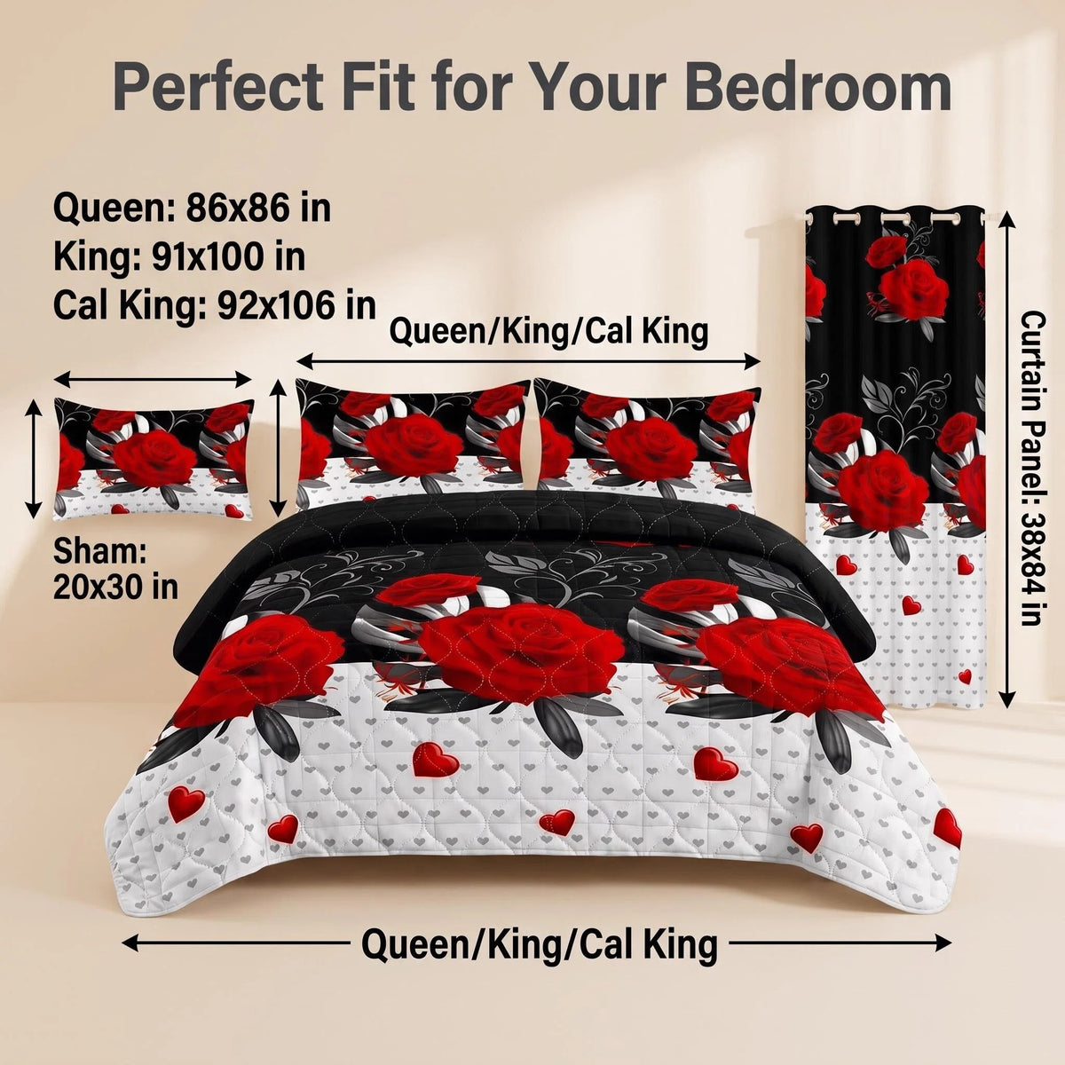 Red Peony Bedspread & Curtain Set – 9 Pieces