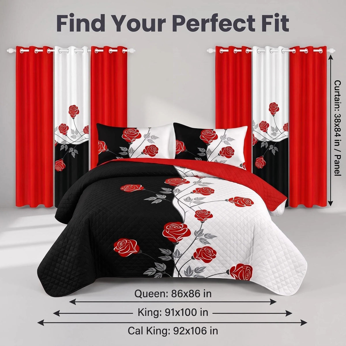 Red Rose Two-Tone Bedspread & Curtain Set – 9 Pieces