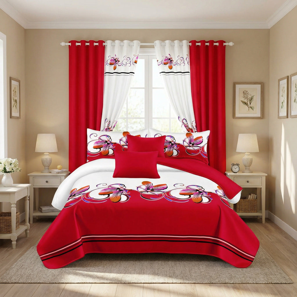 Red & White Butterfly bedspread and curtain set - coordinated bedroom