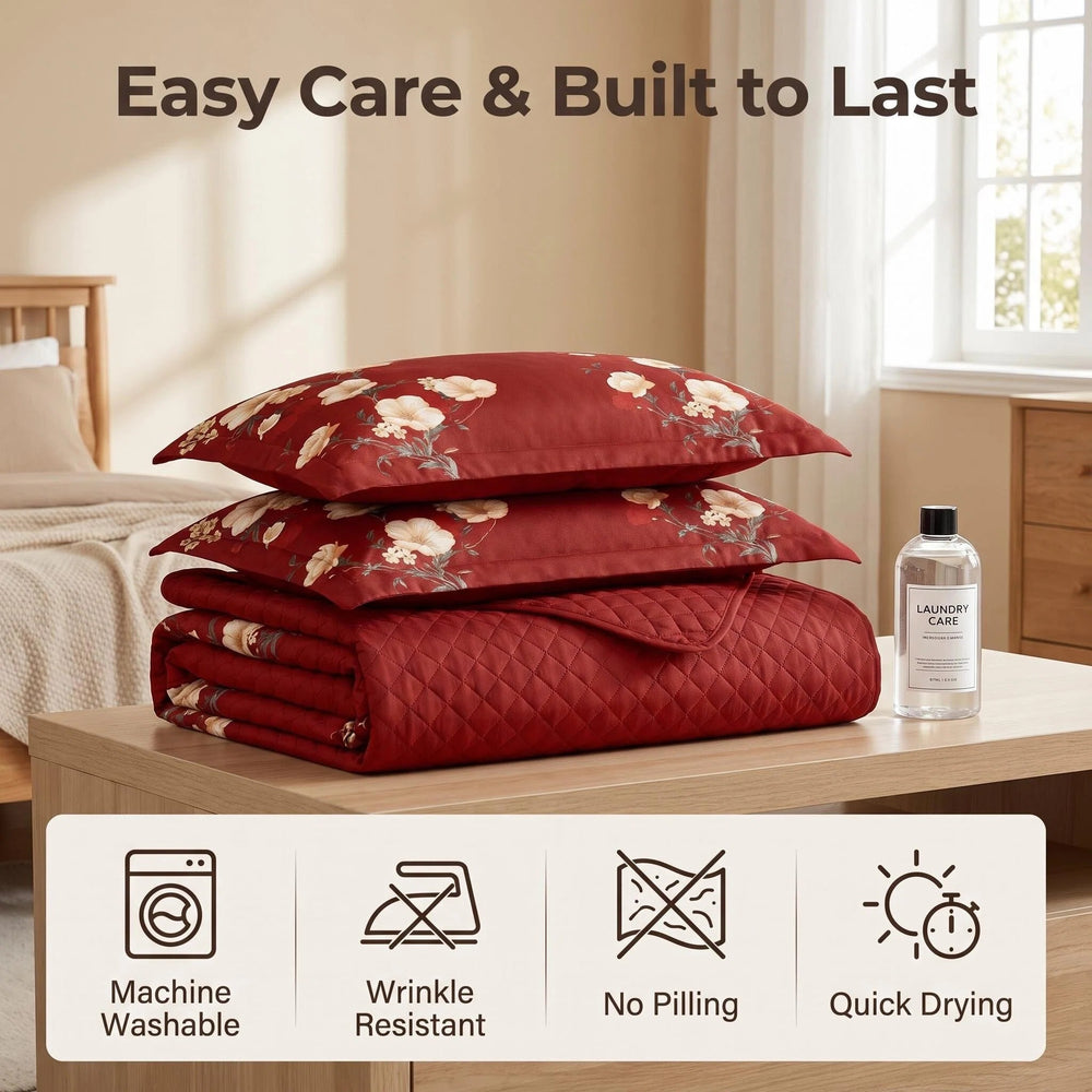 Folded bedspread showing its printed front and solid reverse, with machine-washable, wrinkle-resistant and quick-drying care features