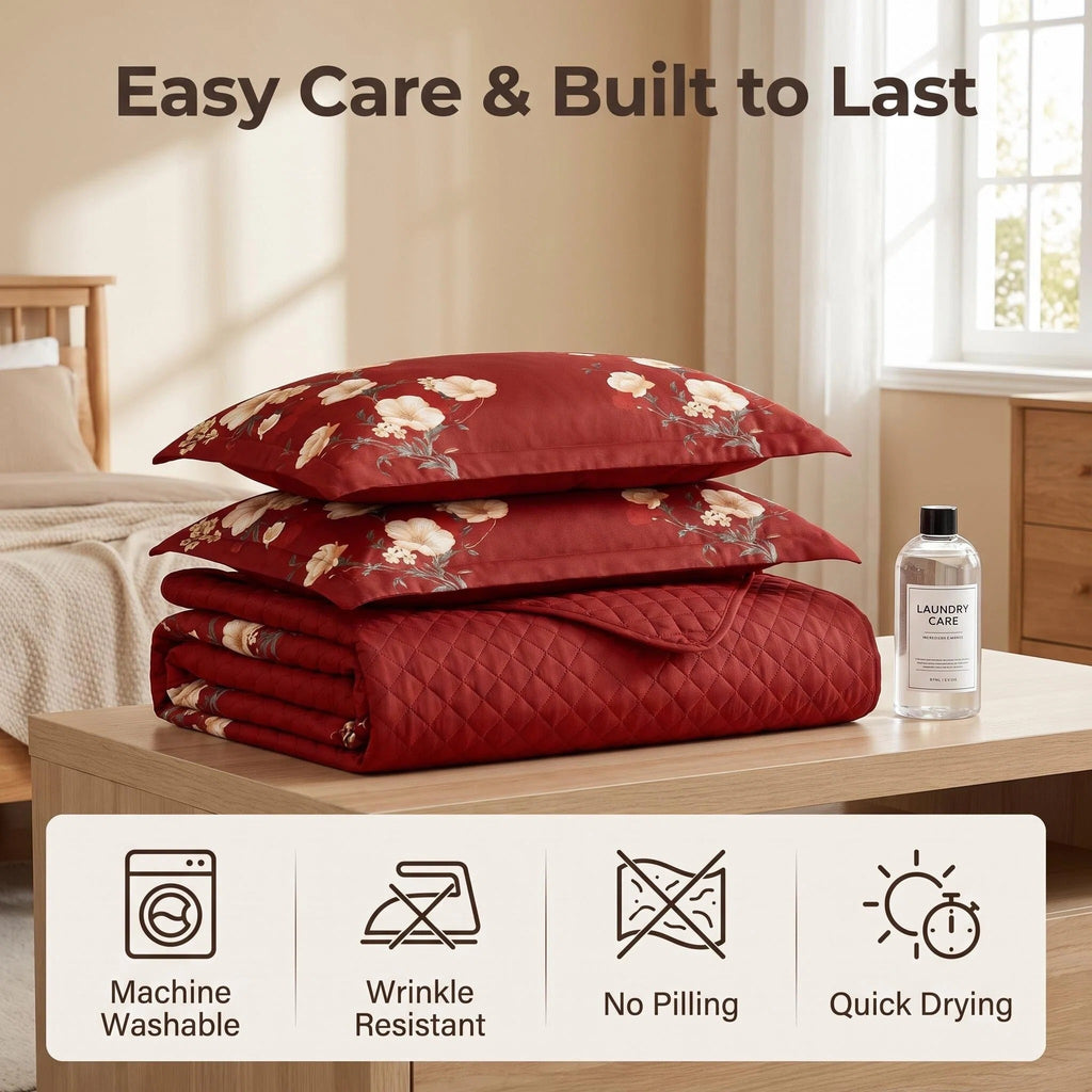 Red & Yellow Floral Bedspread & Curtain Set – 9 Pieces