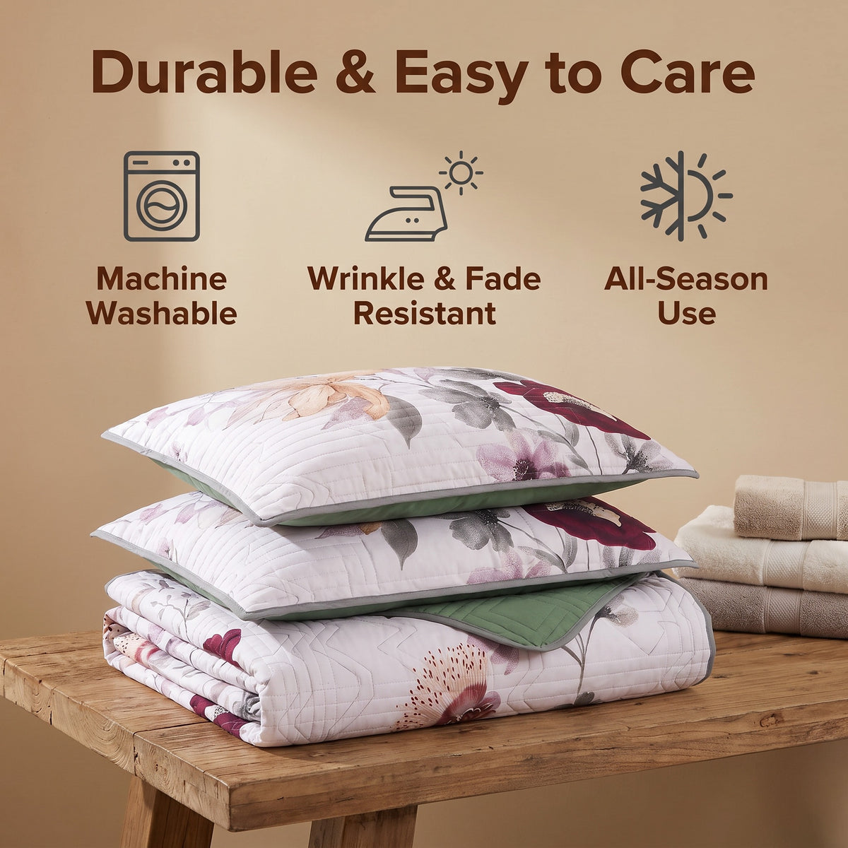 Sage Green Floral Bedspread & Curtain Set – 9 Pieces