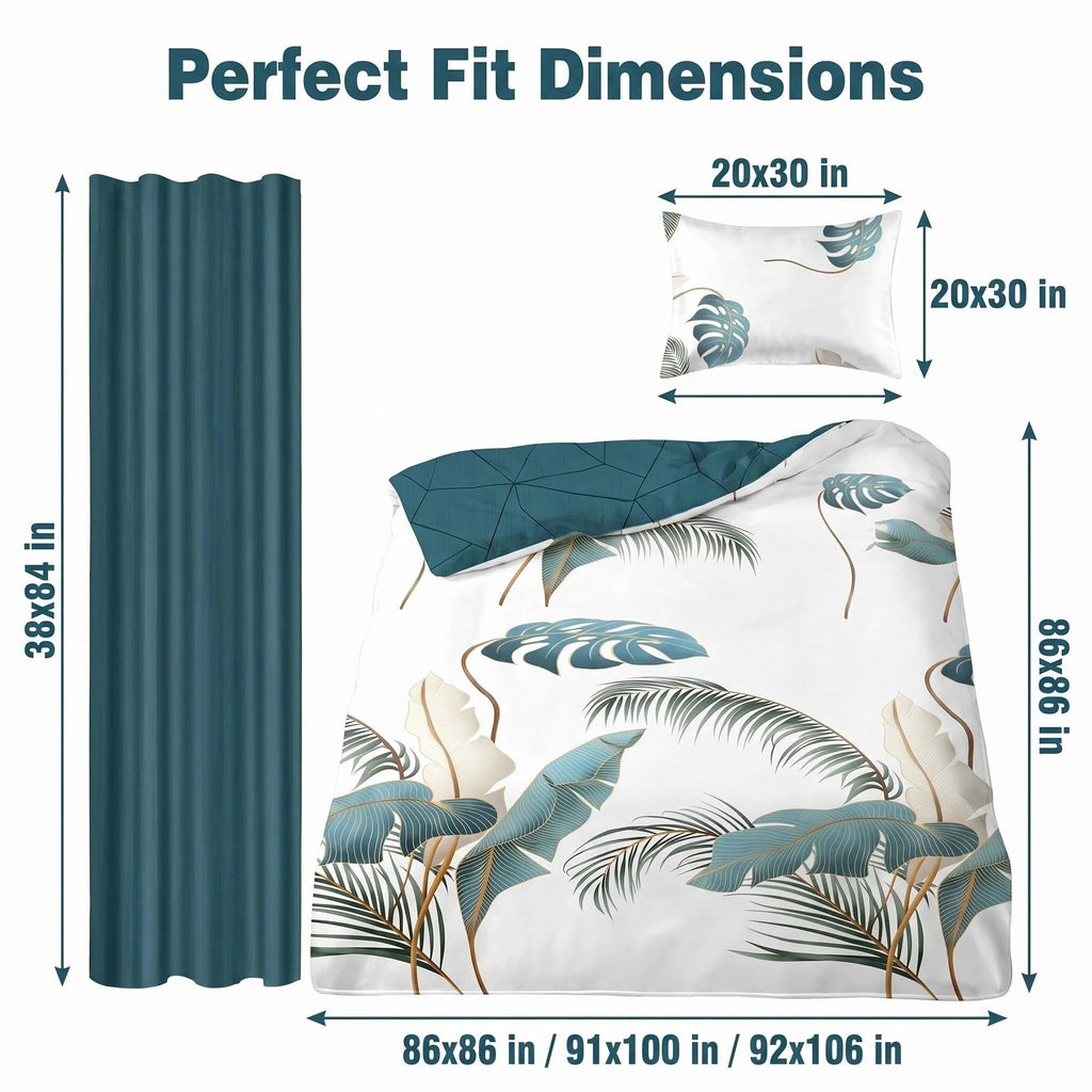 Teal Botanical bedspread and curtain set - coordinated bedroom