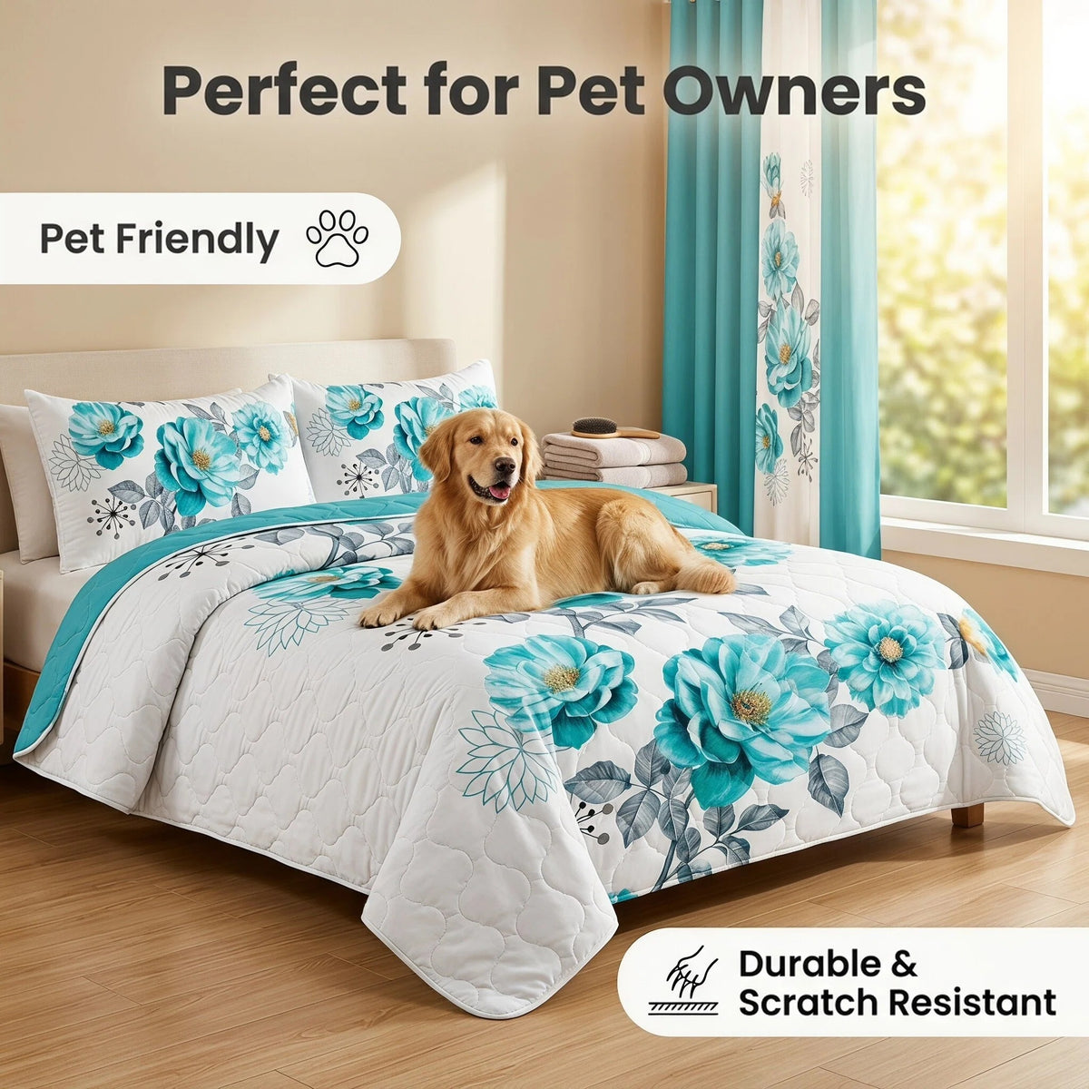 White & Blue Gem Floral Bedspread & Curtain Set – 9 Pieces