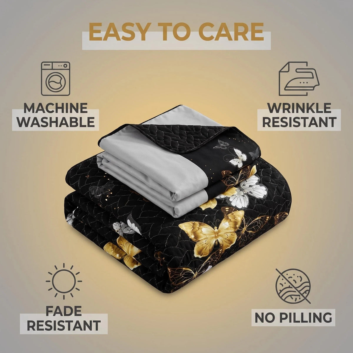 Black & Gold Butterfly Bedspread & Curtain Set – 9 Pieces