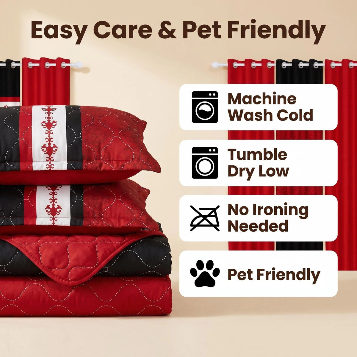 Black & Red Bohemian bedspread and curtain set - pet-friendly bedroom scene