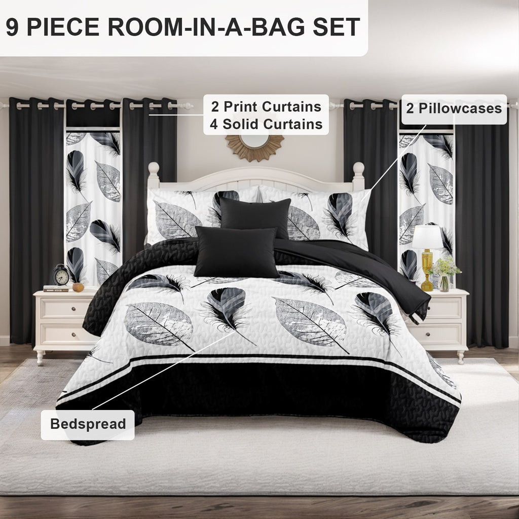 Black & White Feather bedspread and curtain set - nine-piece set contents