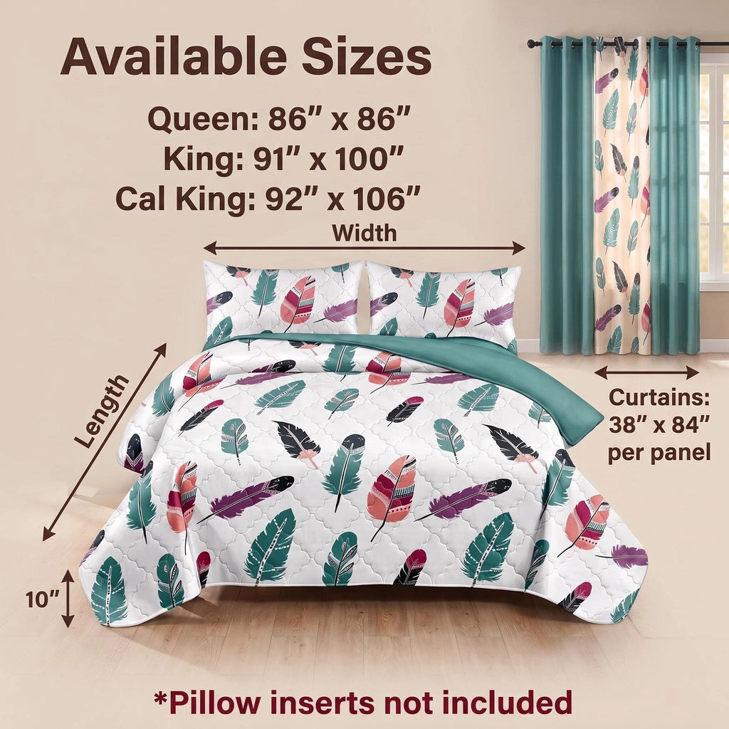 Boho Feather Bedspread & Curtain Set – 9 Pieces