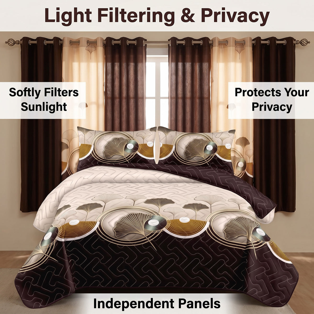 Brown Ginkgo Leaf Bedspread & Curtain Set – 9 Pieces