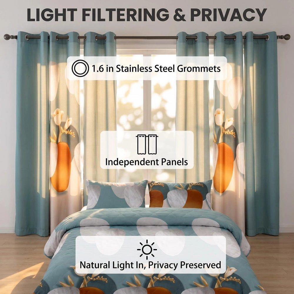 Four solid and two printed light-filtering curtain panels hung together on a rod