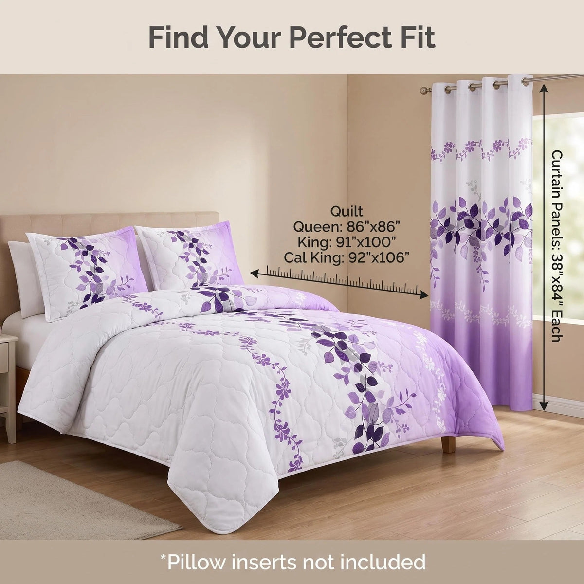 Lavender Leaf Bedspread & Curtain Set – 9 Pieces